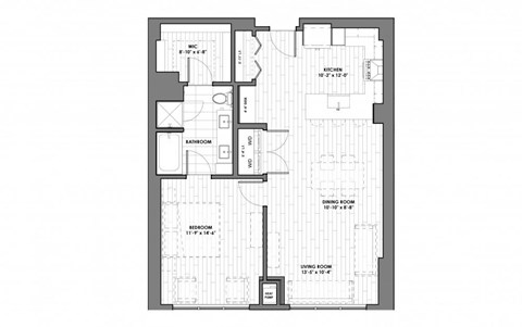 Floor plan for 1 bed, 1 bath, 917 sqft